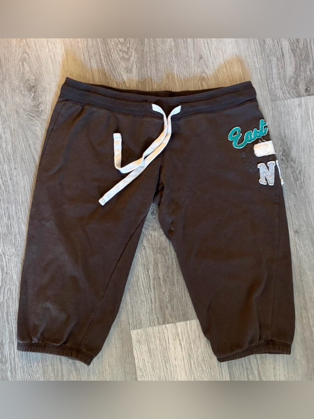 low rise Brown Drawstring capris with Teal Accent